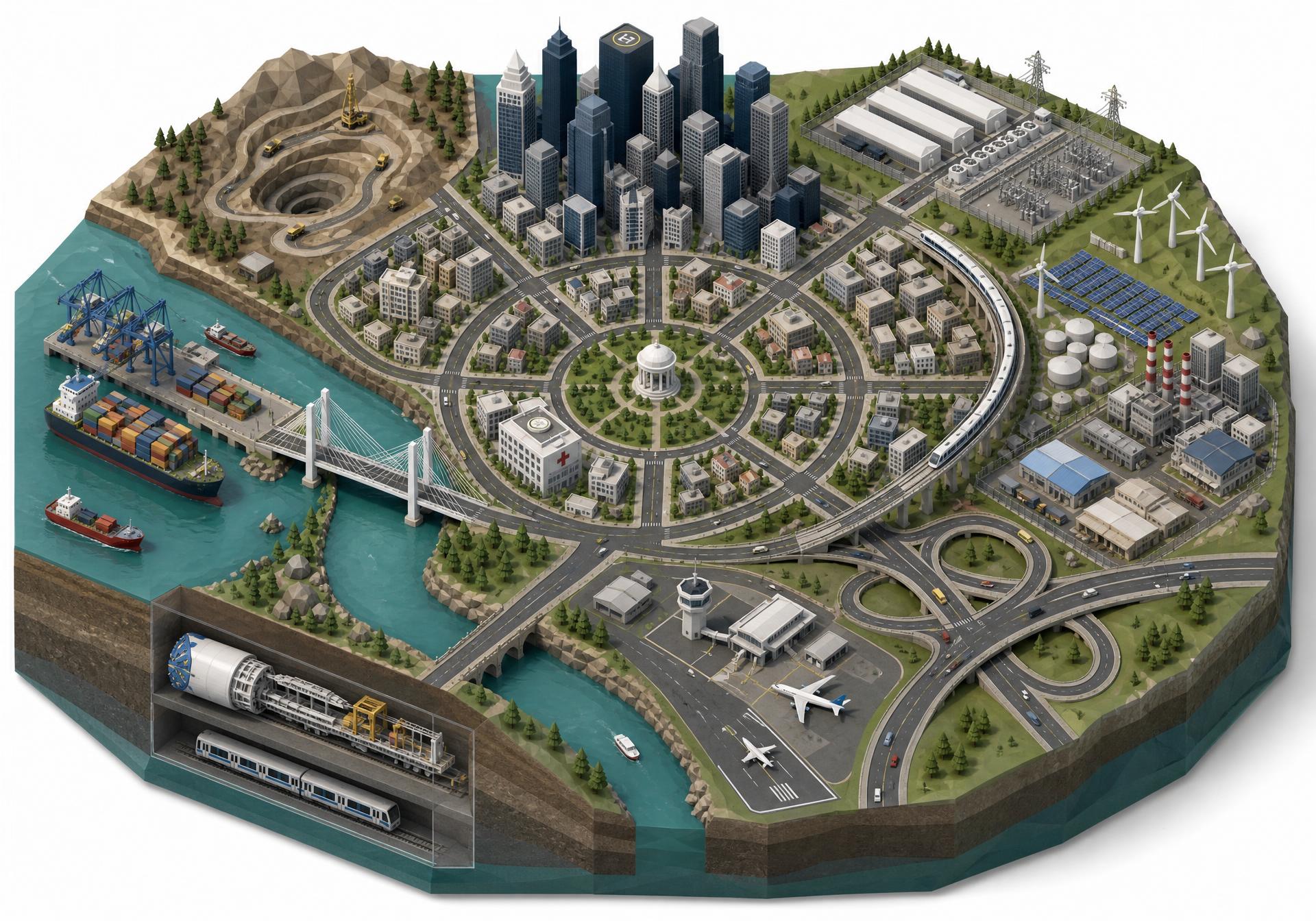 Konstruq City — an isometric model of every infrastructure district we track